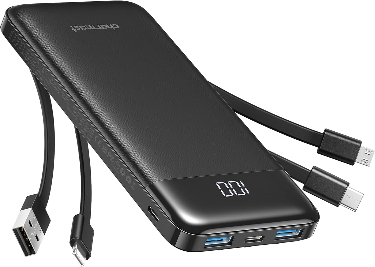 Portable Charger with Cords Wires Slim 10000mAh Travel Battery Pack 6 Outputs 3 Inputs 3A Fast Charging Power Bank